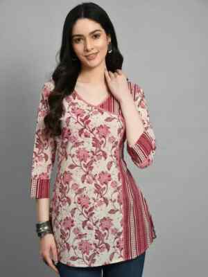 Indian Women Multicolor Pure Cotton Floral Printed Kurta Kurti Top Tunic Dress