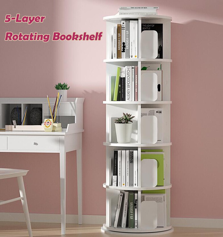 5 Tier Rotating Bookshelf 360 Revolving Bookcase Corner Organizer Display Rack