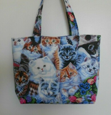 Handmade Lots of Kittens & Flowers Tote Purse Bag   Fun !!