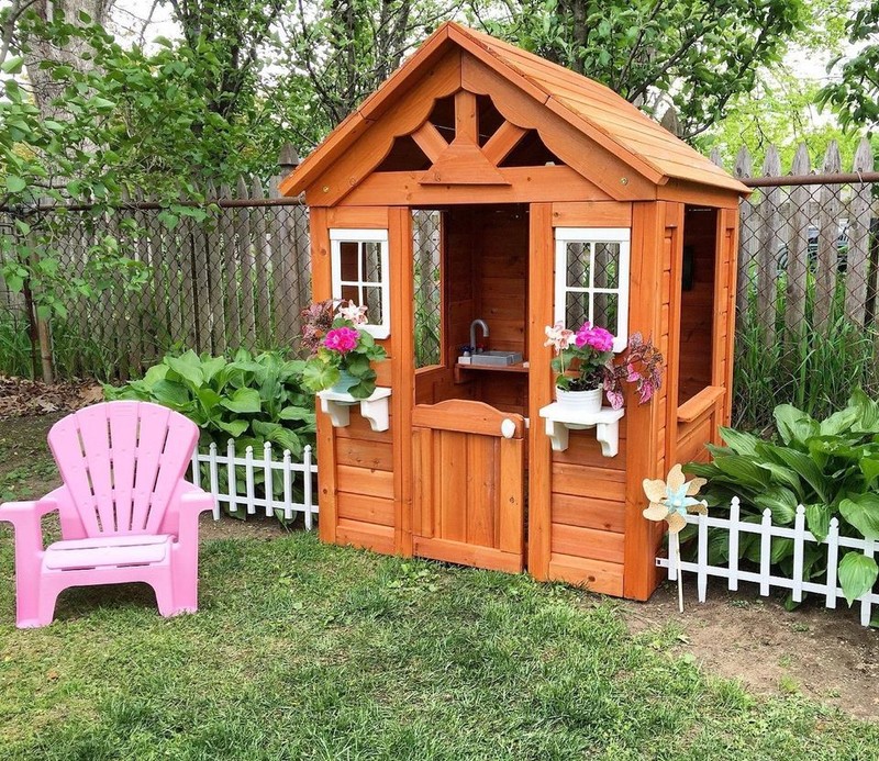 Kids Wooden Playhouse w/ Windows Door Cedar Wood Toddler Child Outdoor Backyard