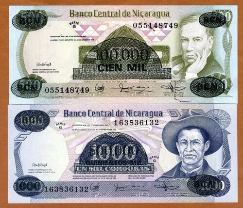 SET Nicaragua, 100,000 and 500,000 Cordoba, 1987, P-149-150, UNC Not Issued