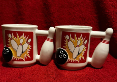 Set Of Vintage 3D Bowling Coffee Cup Mug With Pin Handle And Raised Ball Ceramic