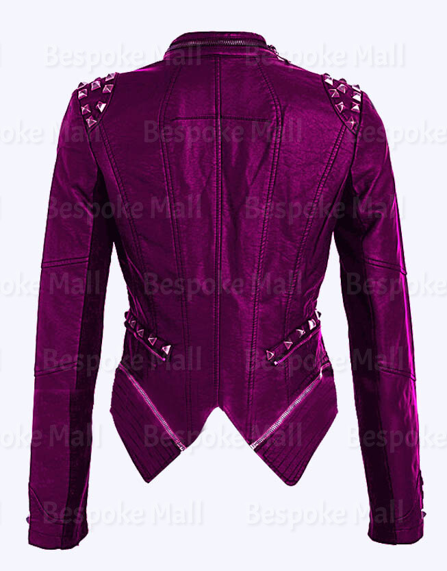 Pre-owned Handmade Women's Full Purple Half Silver Studded Genuine Cowhide Leather Jacket-925