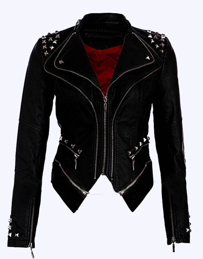 Pre-owned Handmade Women's Paige Full Black Half Silver Studded Real Cowhide Leather Jacket-749