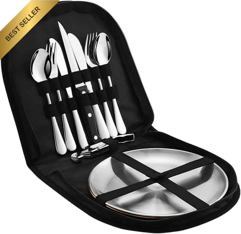 Metal Camping Utensil Set, Camping Silverware Set for 2, Reusable Travel Cutlery
