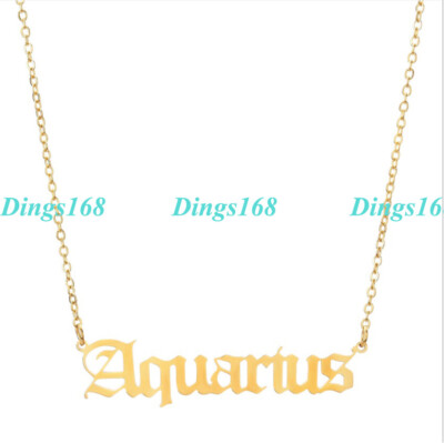 18K Yellow Gold Filled Tarnish-Free Aquarius Cursive Zodiac Script Name Necklace