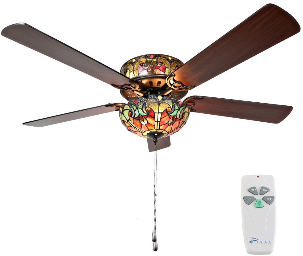 Tiffany Style Stained Glass Lighted Ceiling Fan 5 Reversible Brown