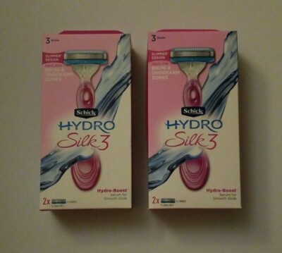 (2) Schick Hydro Silk 3 Hydra-Boost Serum Smooth Razor 1 Handle 2 Cartridge each