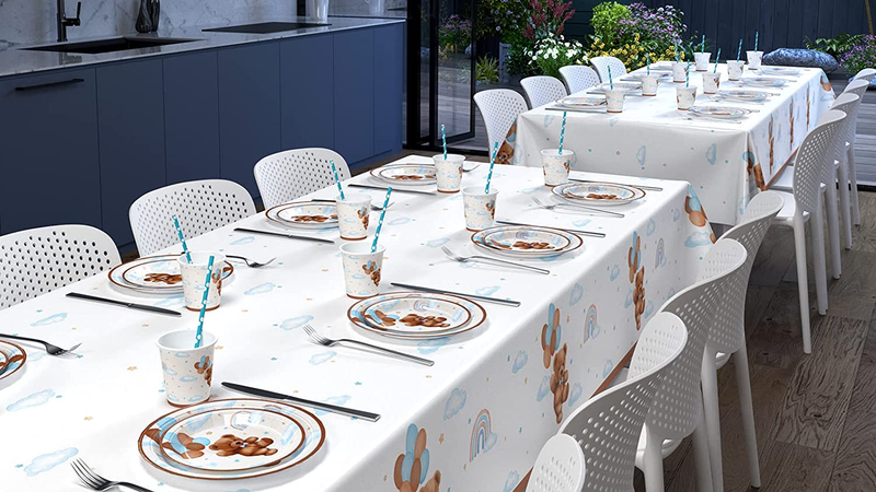 3 Pieces Teddy Bear Baby Shower Tablecloths Plastic Table Cover, Boho Brown Blue