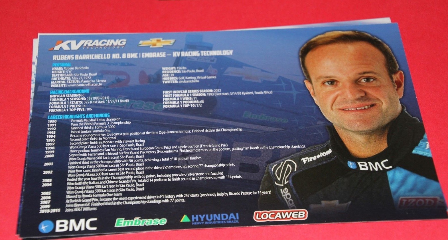 RUBENS BARRICHELLO INDY CAR PROMOTIONAL CARD COLLECTORS KV RACING 6 X9 AUTOGRAPH