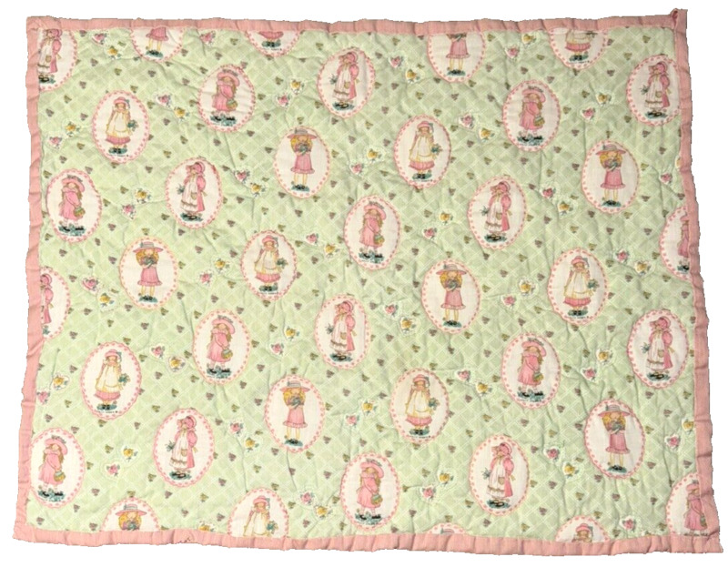 Vintage Hand Sewn Holly Hobbie Baby Blanket 32x39 Girl Nursery Quilt Pink Green