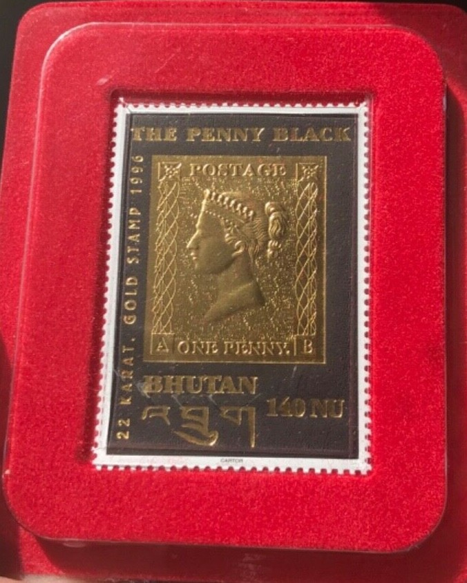 コレクション One Penny Stamps VERY RARE THE PENNY BLACK 22K GOLD STAMP BHUTAN 140 NU 1996