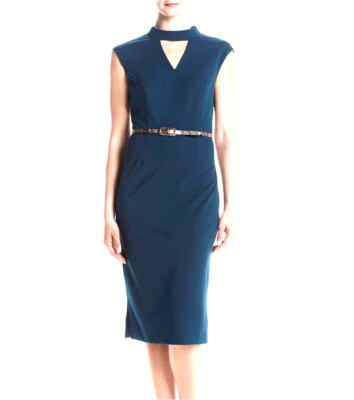 NEW CONNECTED BLUE TEAL CAREER BELTED SHEATH MIDI DRESS SIZE 16 $89