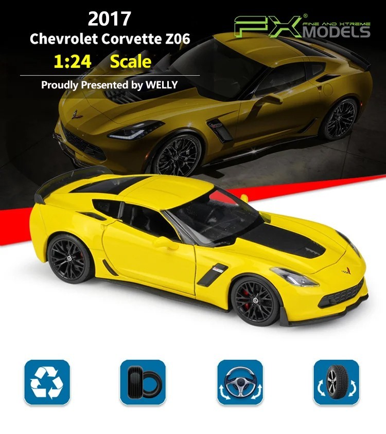 1:24 2017 Chevrolet Corvette Z06 yellow alloy car model diecast - Front angle view