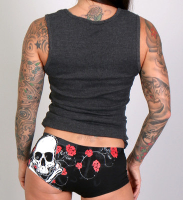 SKULL BONES RED FOIL ROSES LADIES BOY SHORTS 