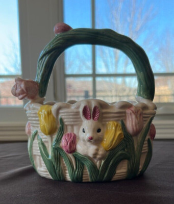 Ceramic Easter Spring Basket with Bunny Rabbit and Tulips Flowers Decoration