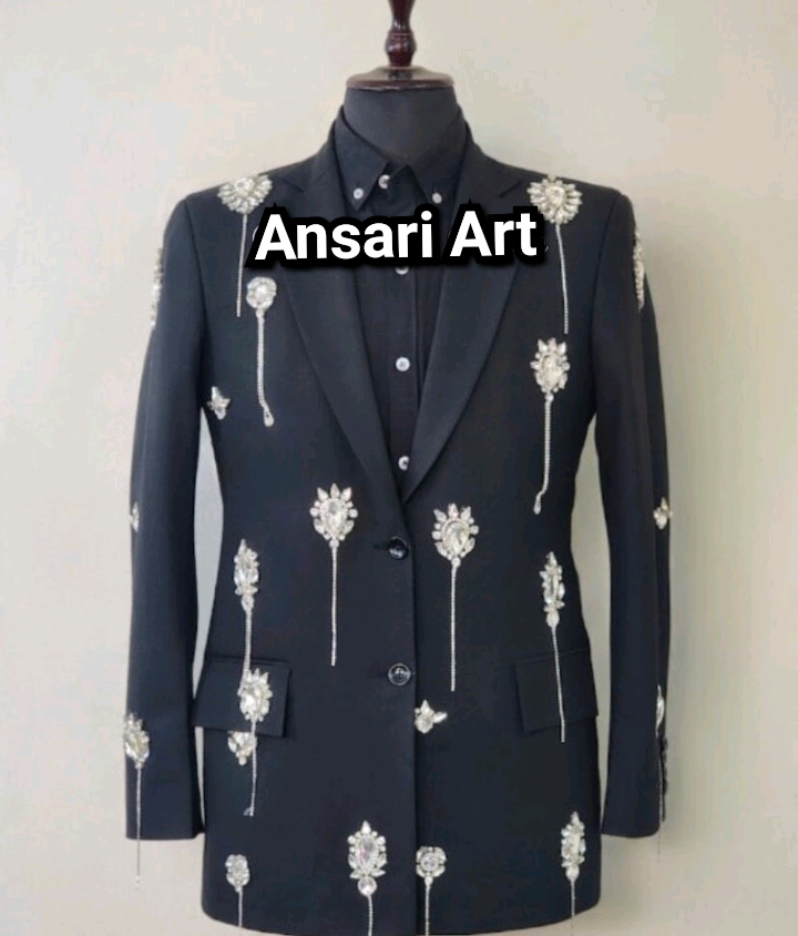 Pre-owned Art Women Black Blazer Crystal Embellished Jacket Custom Made Premium Cotton Oufits
