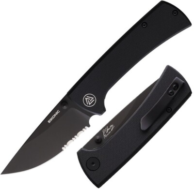 EIKONIC RCK9 Folding Knife 3'' Part Serrated D2 Tool Steel Blade Black G10 Handle