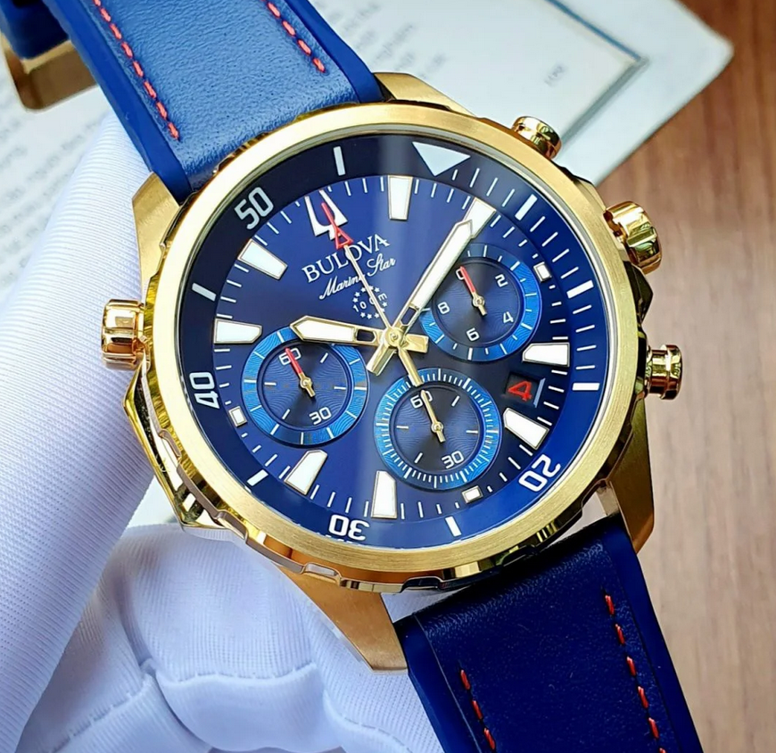 Pre-owned Bulova Marine Star Blue Dial 97b168 Gold Tone Silicone Strap Men's Watch