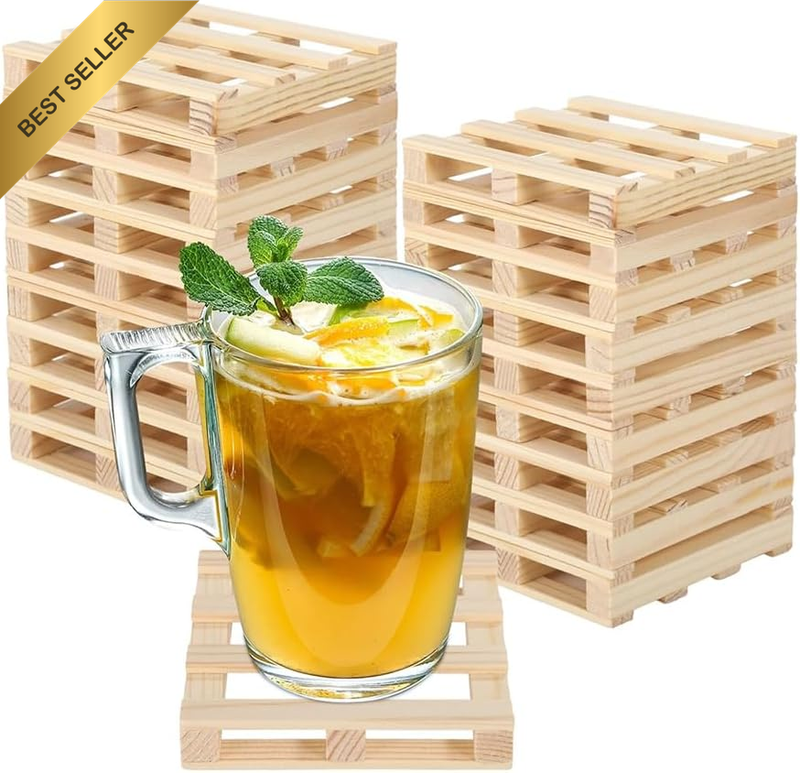 18 Pcs Mini Wooden Pallets,Natural Wood Pallet Coaster Set,10Cm Rustic Square Dr