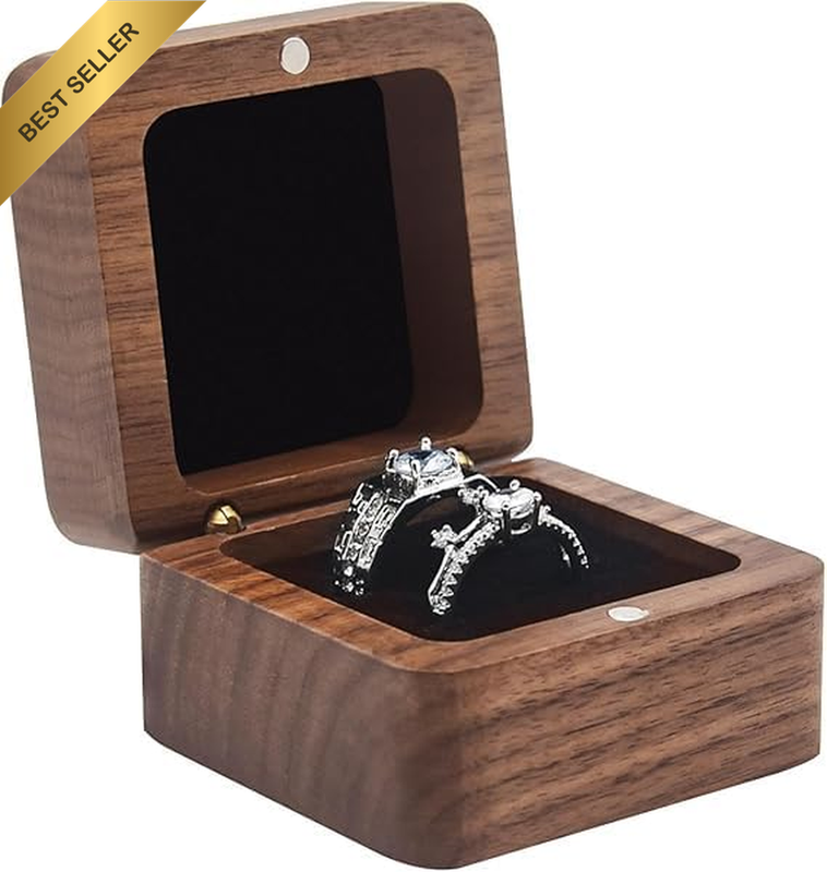 Wooden Engagement Ring Box with 2 Slots, Square Wedding Holder Wedding Ceremony