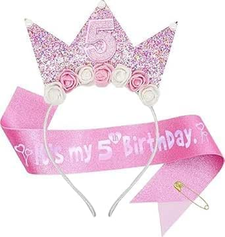 Birthday Girls Headband, Glitter Flower Birthday Crown Sash Set for Princess Bir