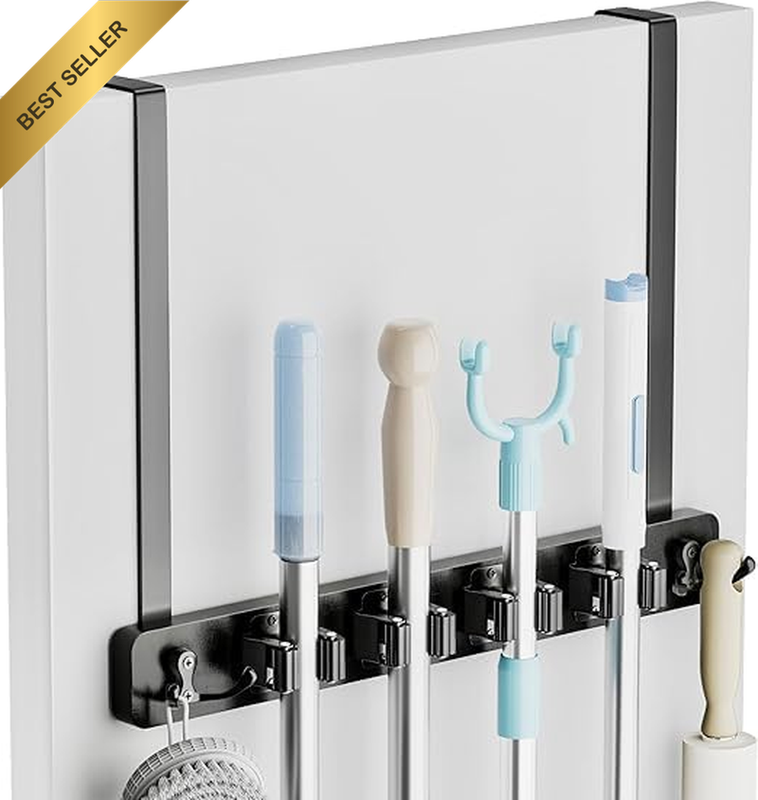 Over the Door Broom Holder, No Drilling Mop Hanger Rack with 4 Slots & 2 Hooks, 