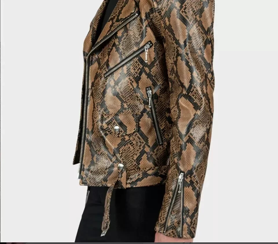 Pre-owned Handmade Men's  Snake Python Pattern Leather Jacket Biker Motorcycle Jacket In Brown
