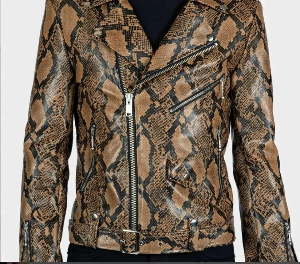 Pre-owned Handmade Men's  Snake Python Pattern Leather Jacket Biker Motorcycle Jacket In Brown