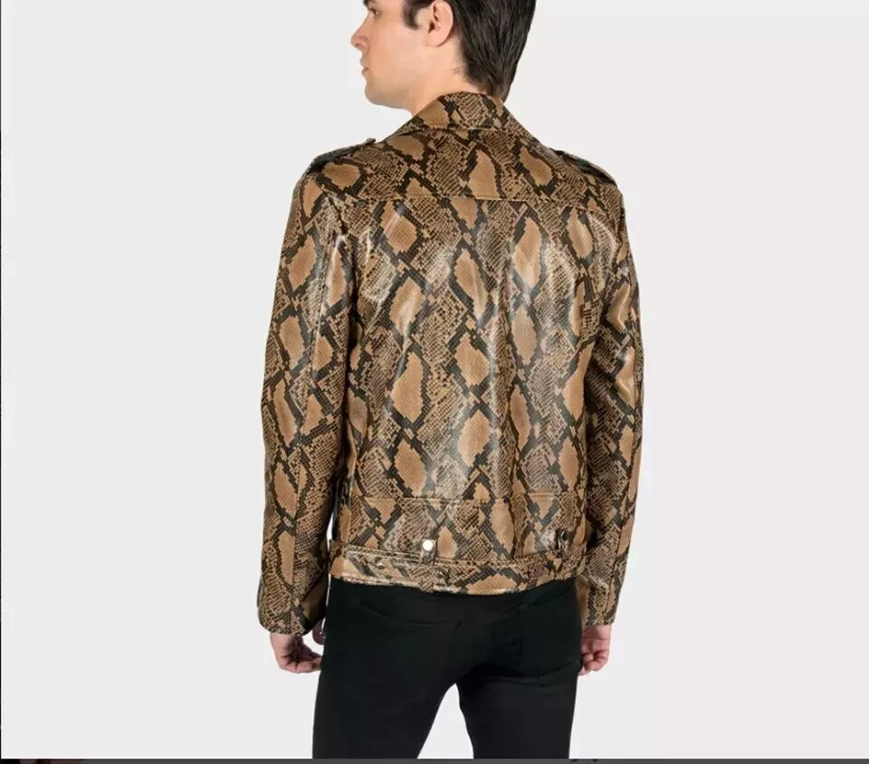 Pre-owned Handmade Men's  Snake Python Pattern Leather Jacket Biker Motorcycle Jacket In Brown