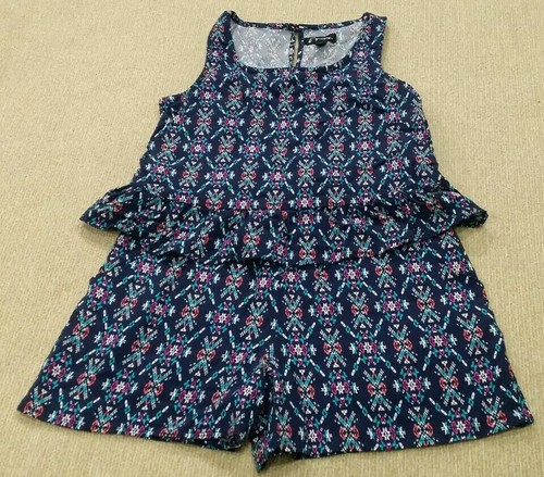 ART CLASS ROMPER XS 4/5 Blue Multicolor Sleeveless Ruffle Pockets Keyhole Back