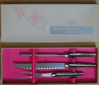 Vintage Regent Sheffield carving set, 3 pieces, stainless English blades, w/ box