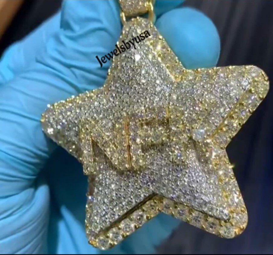 Pre-owned Nsg Men's 4ct Real Moissanite 3 Letter On Star Pendant 14k Yellow Gold Plated Silver In White