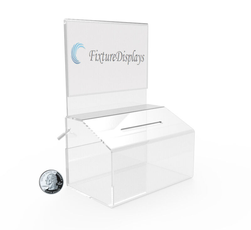 LOCKING FUNDRAISING CHARITY DONATION BOX WITH SIGN CLEAR ACRYLIC PIGGYBANK TIP