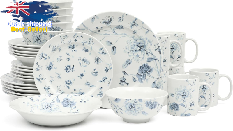 Empress Bouquet Blue Floral Dinnerware Set, 30 Pcs, Service for 6 Plates & Bowls