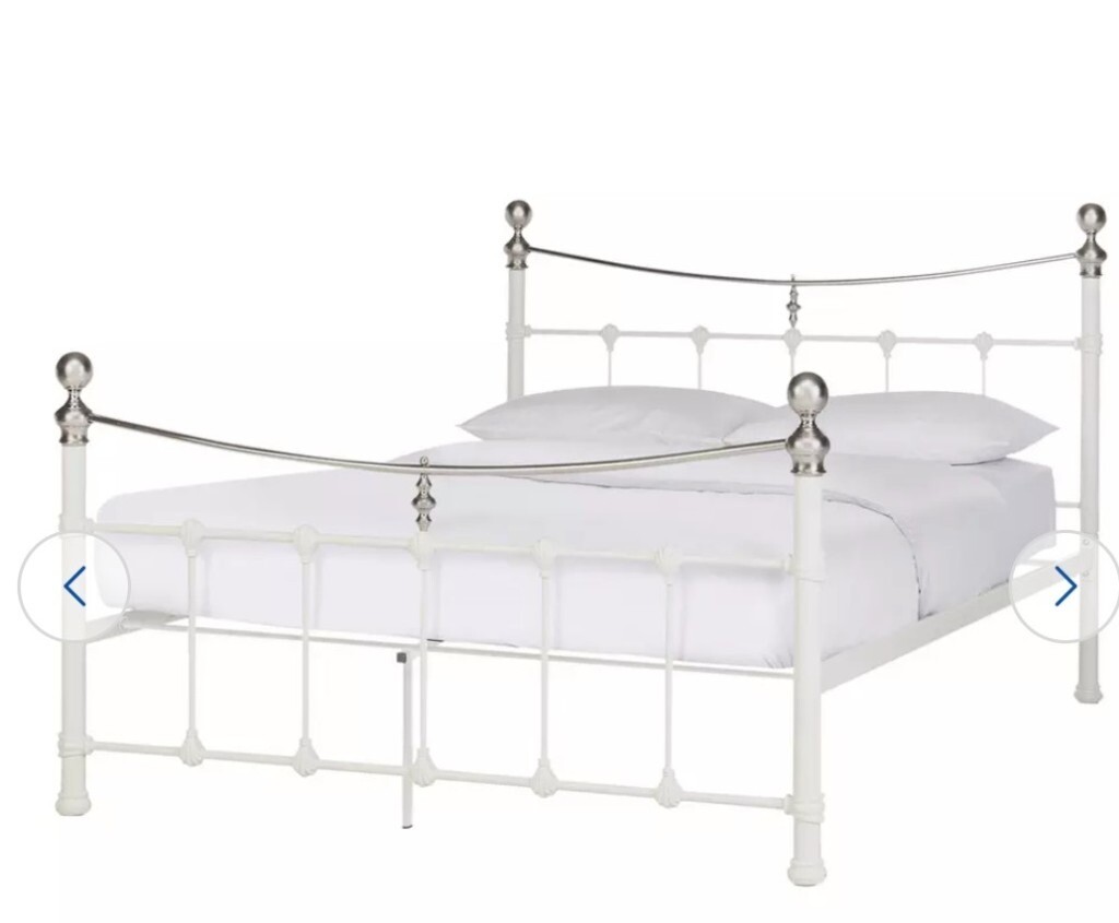 White metal double bed frame with silver detail in Newtownabbey