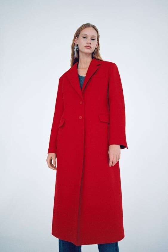 Pre-owned Zara Women Manteco Wool Blend Fitted Wool Blend Long Coat Red 8641/744
