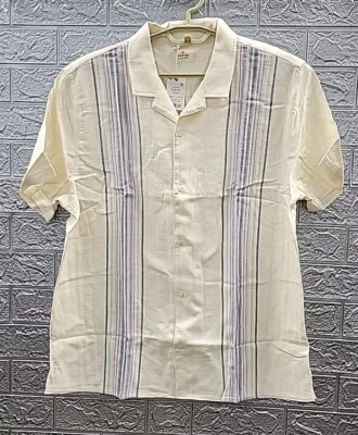 New Marine Layer Stretch Selvage Resort Button Up Short Sleeve Shirt Beige Size