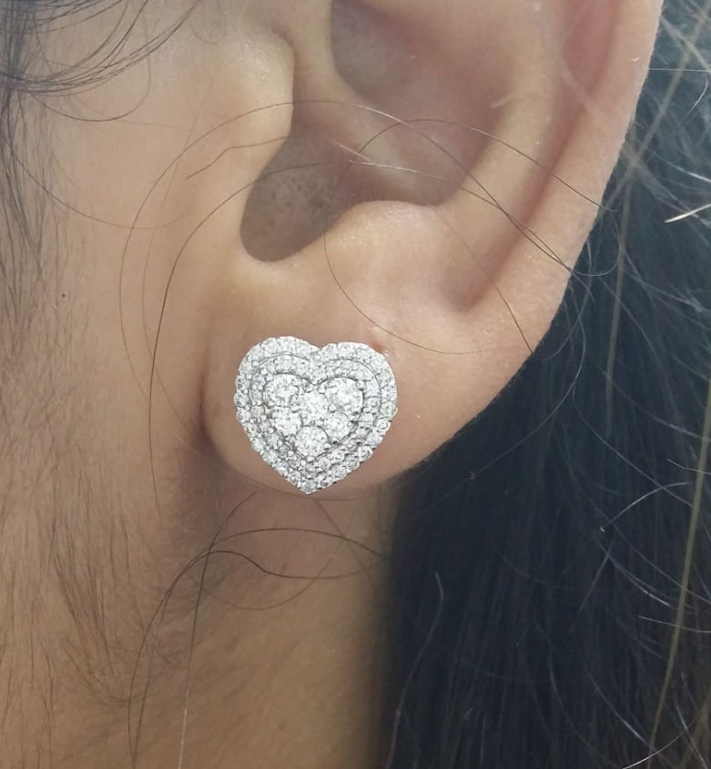 Pre-owned Handmade Deal 1.00ct Genuine Diamond Cluster Heart Studs Earrings 14k White Gold 10mm
