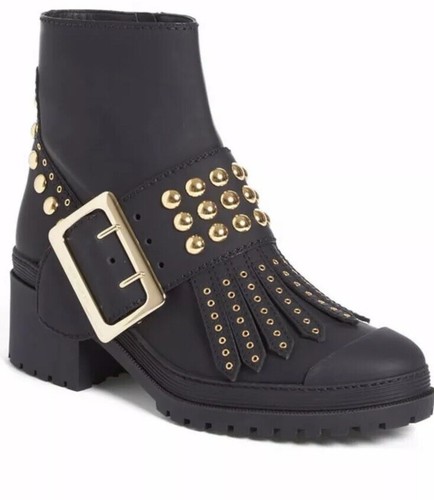 Pre-owned Burberry Whitchester Black Leather Fringe Gold Studded Belted Boots 40.5/10.5 Us