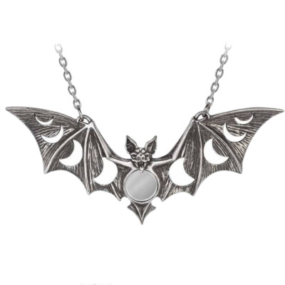 ALCHEMY LUNAECA LARGE GOTHIC BAT NECKLACE Moon phases Mirror Pendant +FREE POUCH