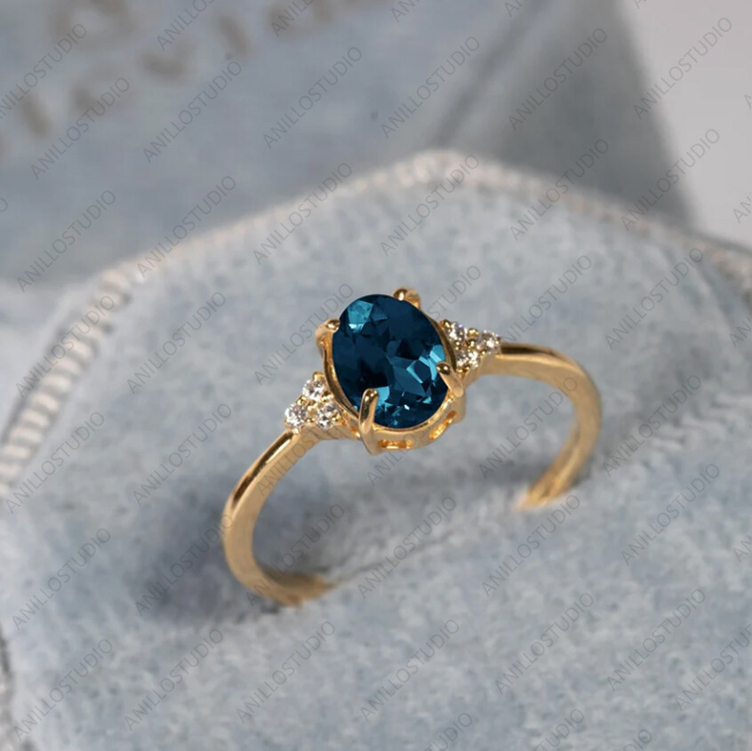 Pre-owned Handmade Natural London Blue Topaz Dainty Ring Ring Size 7 14k Yellow Gold For Girls
