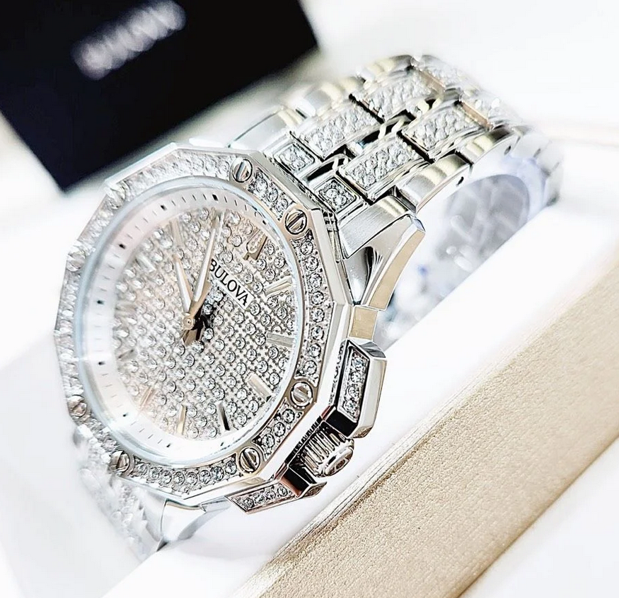 Pre-owned Bulova Octava Crystal Silver White Dial Dress Women's Watch 96l305