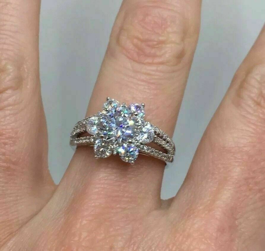 Pre-owned Natsoul Flower Design 2.5ct Diamond Ring Halo Engagement Wedding Silver Bridal Band In White
