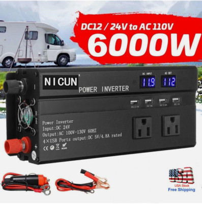 6000W LCD Car Power Inverter DC 12V To AC 110V Pure Sine Wave Solar Converter US