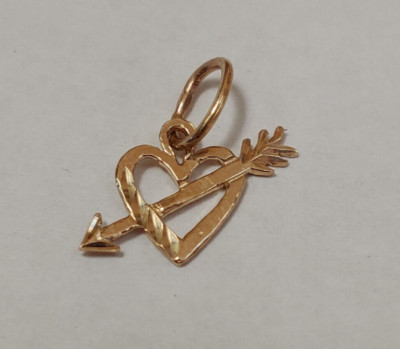  New 14k Yellow Gold Arrow Through Heart Charm Pendant 