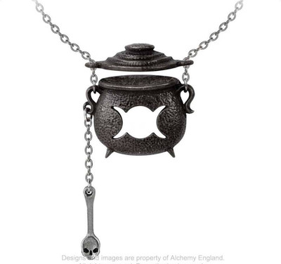 Alchemy Gothic Pewter Triple Moon Witches Cauldron and Spoon Necklace