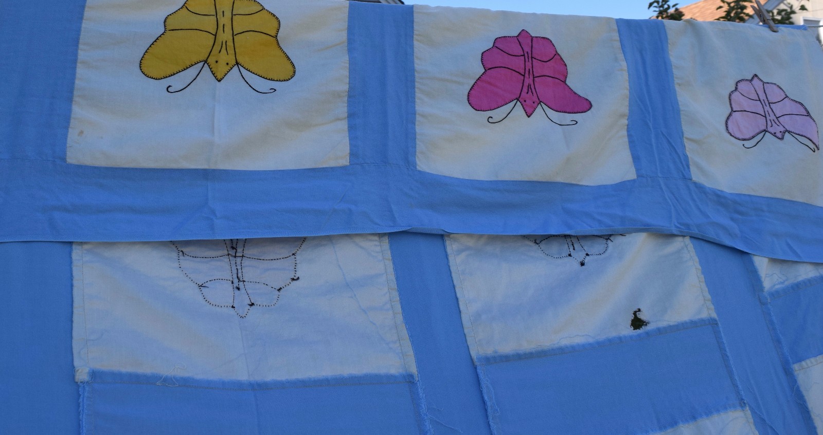 Vintage 1920-30's appliqued Butterfly quilt top, all bright solid colors