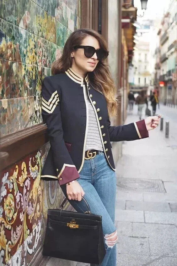 Women Black Military Jacket Style Blazer Army Napoleon