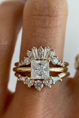 Womens Wedding Ring Sets 925 Sterling Silver Gold Plated Square Shape CZ ADASTRA